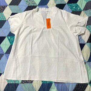 NWT Falechay Womens 4XL White Jacquard Short Sleeve Pull over Top Blouse Light